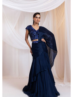 SMRITI - Navy Blue Ink Sapphire Embellished Top and Flared Skirt with Stitched Dupatta