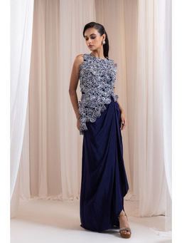 SMRITI - Blue Glimmerfall Embroidered Top and Drape Skirt Set