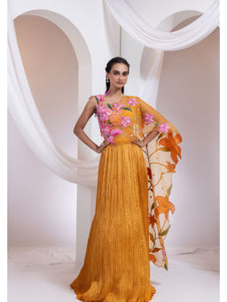SMRITI - Mustard Emberfall Embroidered Cape with Top and Flared Skirt