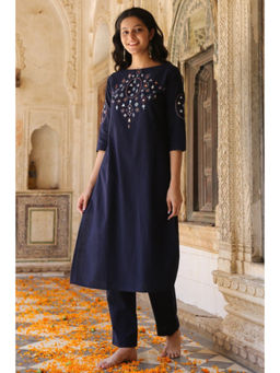 Okhai - Riverbank' Pure Cotton Hand Embroidered Mirror Work Kurta Pant Set
