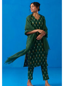 Okhai - Prairies Hand-Embroidered Mirrorwork Pure Cotton Ikkat Kurta Pant Set with Dupatta