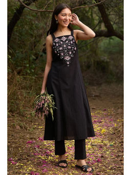 Okhai - “Florence” Hand-Embroidered Mirrorwork Pure Cotton Black Kurta Pant Set