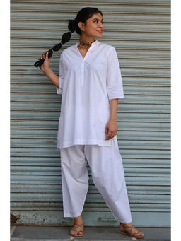 Okhai - Frost Hand-Embroidered and Mirrorwork Pure Cotton White Kurta Salwar Set