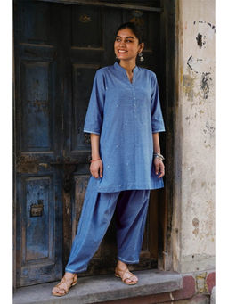 Okhai - Ariel Hand-Embroidered and Mirrowork Blue Pure Cotton Kurta Salwar Set