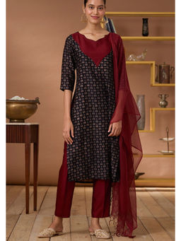Okhai - Ruby Armour Printed Chanderi Silk Ajrakh Kurta Pant Set with Dupatta