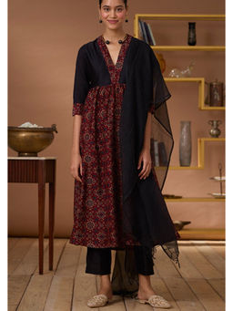 Okhai - Amber Flames Handblock Printed Chanderi Silk Ajrakh Kurta Pant Set