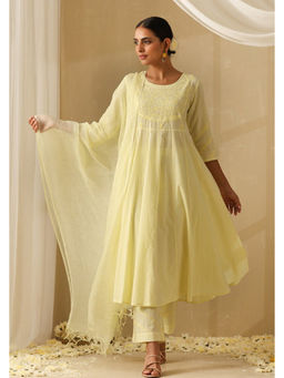 Okhai - Iqraar Chikankari and Mukaish Work Pure Cotton Kurta Pant Set with Dupatta