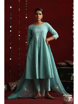 Okhai - Moonlit Hand-Embroidered Pure Cotton Kurta Pant Set with Dupatta