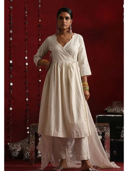 Okhai - Ivory Hand-Embroidered Off White Pure Cotton Kurta Pant Set with Dupatta