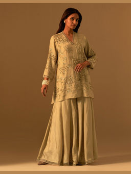 One Not Two - Beige Silk Embroidered Kurta with Sharara