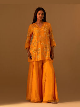 One Not Two - Orange Silk Embroidered Kurta with Sharara