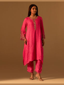One Not Two - Pink Silk Embroidered Kurta with Pant and Slip
