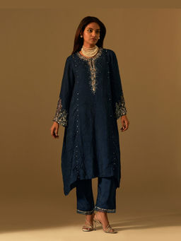 One Not Two - Navy Blue Silk Embroidered Kurta with Pant and Slip