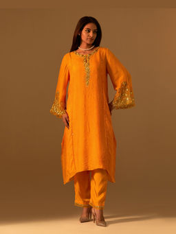 One Not Two - Orange Silk Embroidered Kurta with Pant and Slip