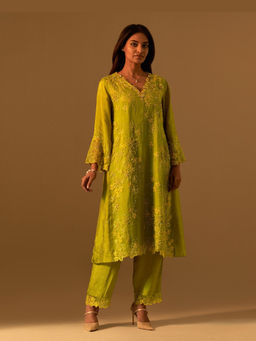 One Not Two - Green Silk Embroidered Kurta with Pant and Slip