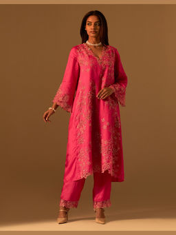 One Not Two - Pink Silk Embroidered Kurta with Pant and Slip
