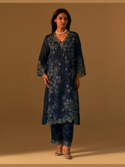 One Not Two - Navy Blue Silk Embroidered Kurta with Pant and Slip