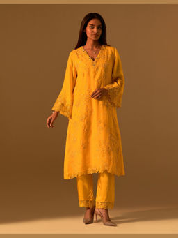 One Not Two - Yellow Silk Embroidered Kurta with Pant and Slip