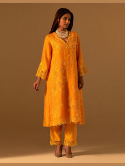 One Not Two - Orange Silk Embroidered Kurta with Pant and Slip