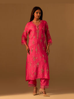 One Not Two - Pink Silk Embroidered Kurta with Pant and Slip