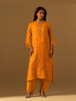 One Not Two - Orange Silk Embroidered Kurta with Pant and Slip