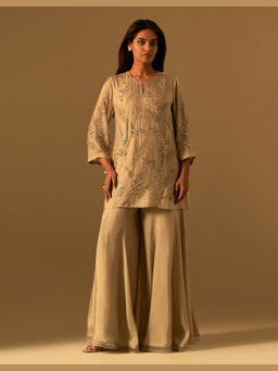 One Not Two - Beige Silk Embroidered Kurta with Sharara and Slip