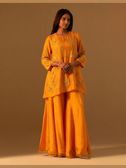 One Not Two - Orange Silk Embroidered Kurta with Sharara and Slip