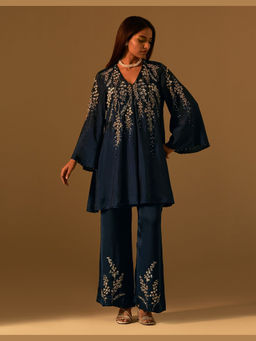 One Not Two - Navy Blue Silk Embroidered Kurta with Pant and Slip