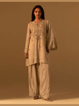 One Not Two - Beige Silk Embroidered Kurta with Salwar and Slip