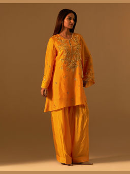 One Not Two - Orange Silk Embroidered Kurta with Salwar and Slip