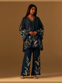 One Not Two - Navy Blue Silk Embroidered Kurta with Pant and Slip