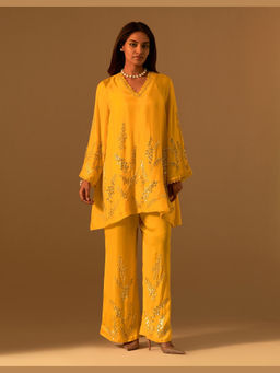 One Not Two - Yellow Silk Embroidered Kurta with Pant and Slip