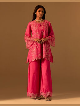 One Not Two - Pink Silk Embroidered Kurta with Sharara and Slip