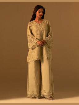 One Not Two - Beige Silk Embroidered Kurta with Sharara and Slip