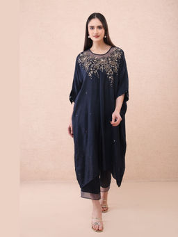 One Not Two - Navy Blue Silk Embroidered Kurta with Pant