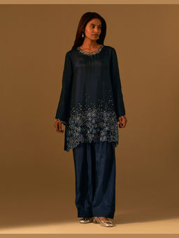 One Not Two - Navy Blue Silk Embroidered Kurta with Salwar and Slip