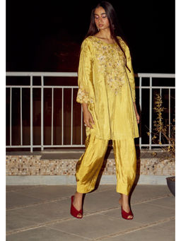 One Not Two - Yellow Silk Embroidered Kurta with Dhoti and Slip