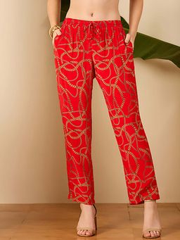 First Resort by Ramola Bachchan - Red Viscose Blend Chain Printed Mid Waist Pant