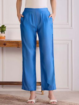 First Resort by Ramola Bachchan - Blue Chic Chanderi Mid Waist Straight Pant