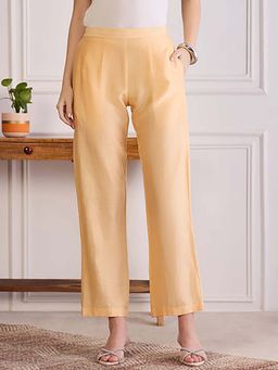 First Resort by Ramola Bachchan - Butter Yellow Chic Chanderi Mid Waist Straight Pant
