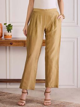 First Resort by Ramola Bachchan - Sand Chic Chanderi Mid Waist Straight Pant