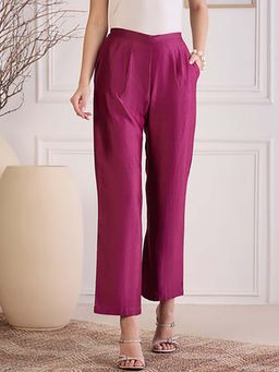 First Resort by Ramola Bachchan - Wine Chic Chanderi Mid Waist Straight Pant
