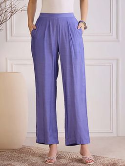 First Resort by Ramola Bachchan - Slate Blue Gentle Muslin Mid Waist Straight Pant