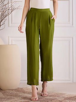 First Resort by Ramola Bachchan - Olive Green Lustre Mid Waist Straight Pant
