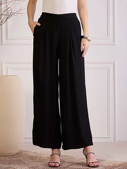 First Resort by Ramola Bachchan - Black Cotton Mid Waist Pleated Pant