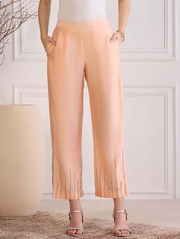 First Resort by Ramola Bachchan - Peach Blush Chanderi Hand Embroidered Pant