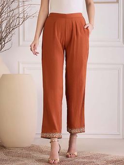 First Resort by Ramola Bachchan - Earthy Brown Cotton Hand Embroidered Pant