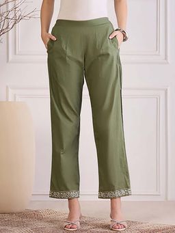 First Resort by Ramola Bachchan - Green Hand Cotton Embroidered Pant