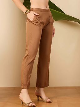 First Resort by Ramola Bachchan - Brown Cotton Satin Mid Waist Straight Pant