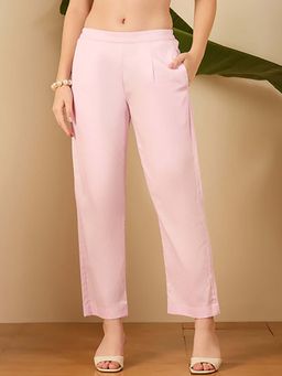 First Resort by Ramola Bachchan - Pink Cotton Satin Straight Pant